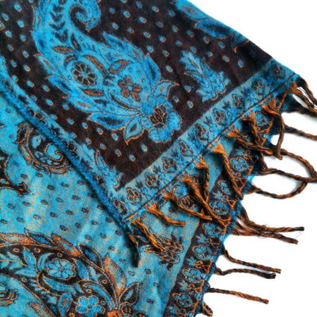 Szal orientalny niebiesko brązowy (wzór kwiatowy, duży, szalik 100x200cm)