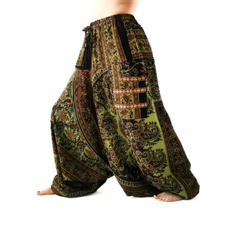Szarawary spodnie alladynki joga bawełniane zielone wzory Indie