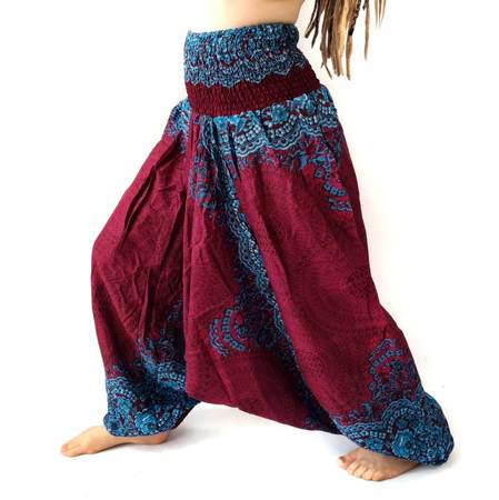 Szarawary spodnie bordowo - turkusowe przewiewne (alladynki, do jogi, haremki Indie)