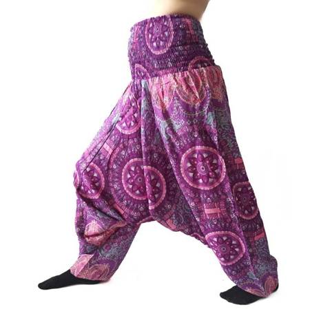Szarawary spodnie cienkie alladynki joga fioletowe mandala Indie