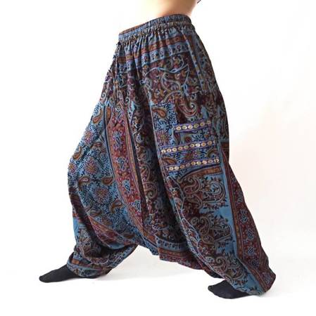 Szarawary spodnie cienkie alladynki joga niebieskie bawełniane Indie