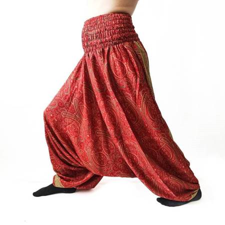 Szarawary spodnie cienkie alladynki spodnie joga czerwone wzory Indie