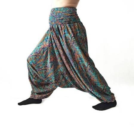 Szarawary spodnie cienkie alladynki spodnie joga turkusowe wzory Indie