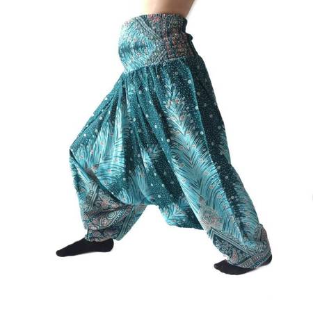 Szarawary spodnie cienkie alladynki turkusowe joga pióra Indie
