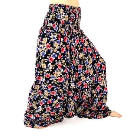 Szarawary spodnie czarne, kwiaty, przewiewne (alladynki, do jogi, haremki Indie)
