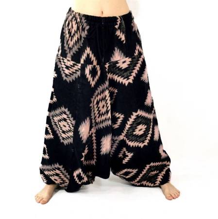 Szarawary spodnie czarne, wzory geometryczne (zima, alladynki, joga, haremki Indie)