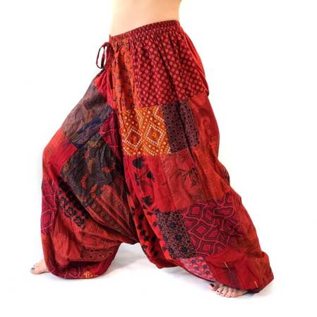 Szarawary spodnie czerwone patchwork (alladynki, do jogi, haremki Indie)