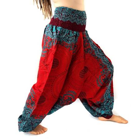 Szarawary spodnie czerwono-morskie przewiewne (alladynki, do jogi, haremki Indie)