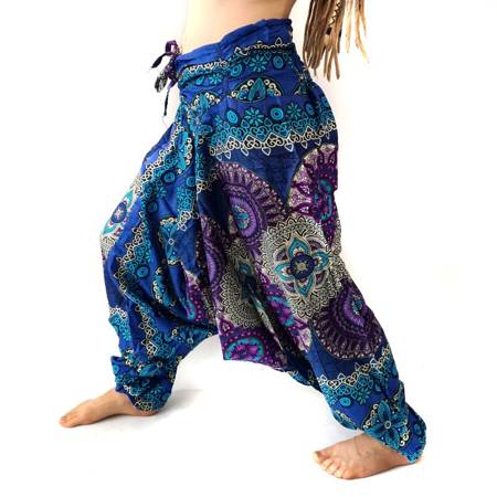 Szarawary spodnie fioletowo - niebieskie przewiewne (alladynki, do jogi, Indie)