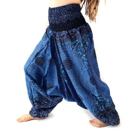 Szarawary spodnie niebiesko-granatowe przewiewne (alladynki, do jogi, haremki Indie)