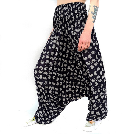 Szarawary spodnie przewiewne czarno-białe Paisley (haremki do jogi, szeroka gumka, Indie)