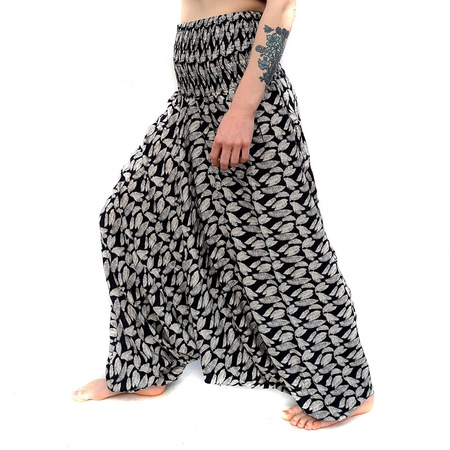 Szarawary spodnie przewiewne czarno-białe Pióra (haremki do jogi, szeroka gumka, Indie)
