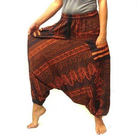 Szarawary spodnie przewiewne pomarańczowo-czarne  (wąska gumka, Indie, joga, bawełna)