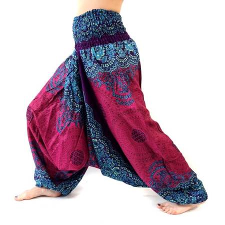 Szarawary spodnie różowo-turkusowe przewiewne (alladynki, do jogi, haremki Indie)
