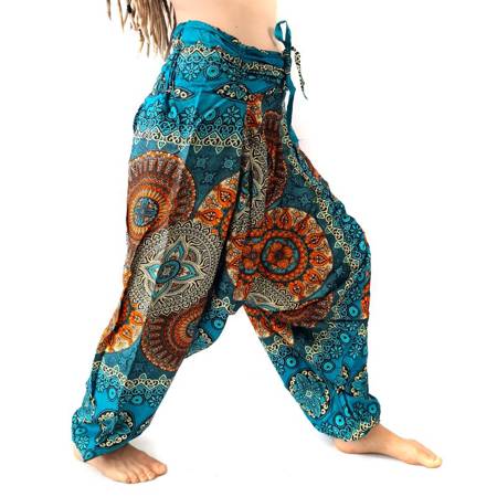 Szarawary spodnie turkusowe przewiewne (alladynki, do jogi, kolorowa mandala)