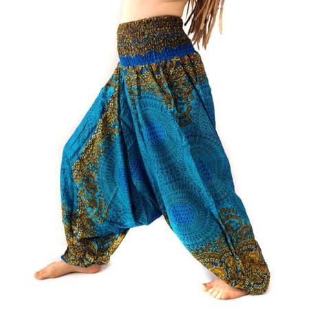 Szarawary spodnie turkusowo-złote przewiewne (alladynki, do jogi, haremki Indie)