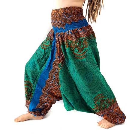 Szarawary spodnie zielono-niebiesko-pomarańczowe przewiewne (alladynki, do jogi, haremki)