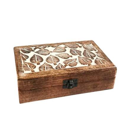 Szkatułka drewniana pudełko na drobiazgi rzeźbiona liście Indie