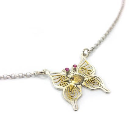 Wisior - Amulet motyl (srebrny, rubin, złocone i rodowane)