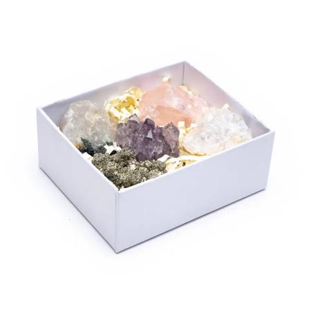 Zestaw 5 naturalnych minerałów, pudełko prezentowe z kryształami