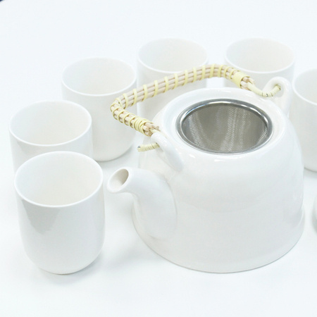 Zestaw do herbaty ceramiczny, biały (czajniczek + 6 kubeczków), Chiny