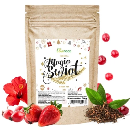 Zielona herbata liściasta sencha Magia Świąt z owocami i hibiskusem, Deli Food 50g