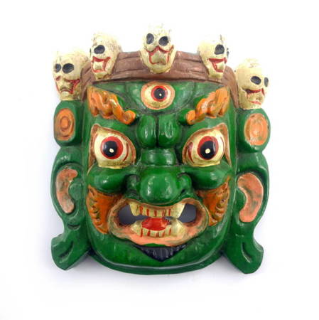 Zielona, tybetańska maska Mahakala (drewno, Tybet) 20 cm 